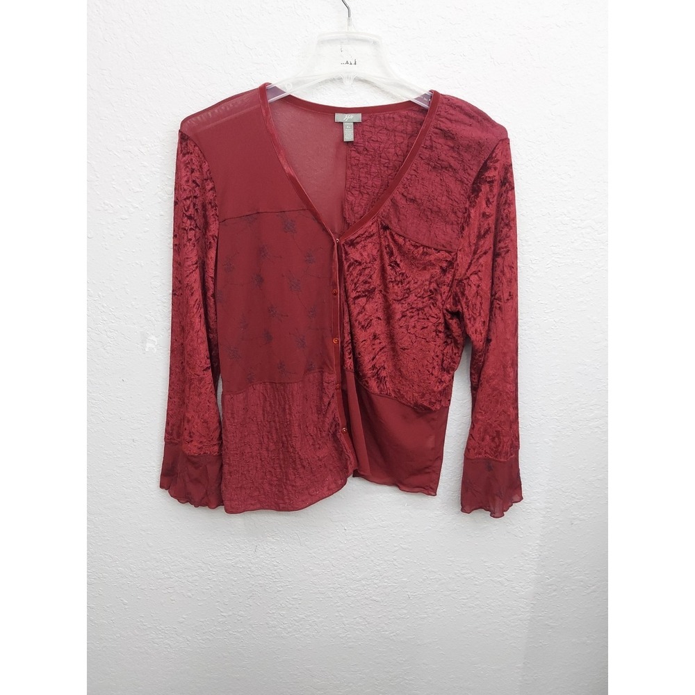 J Jill Top Blouse Women‎ XL Burgundy Red Velour V Neck Patchwork Design Boho